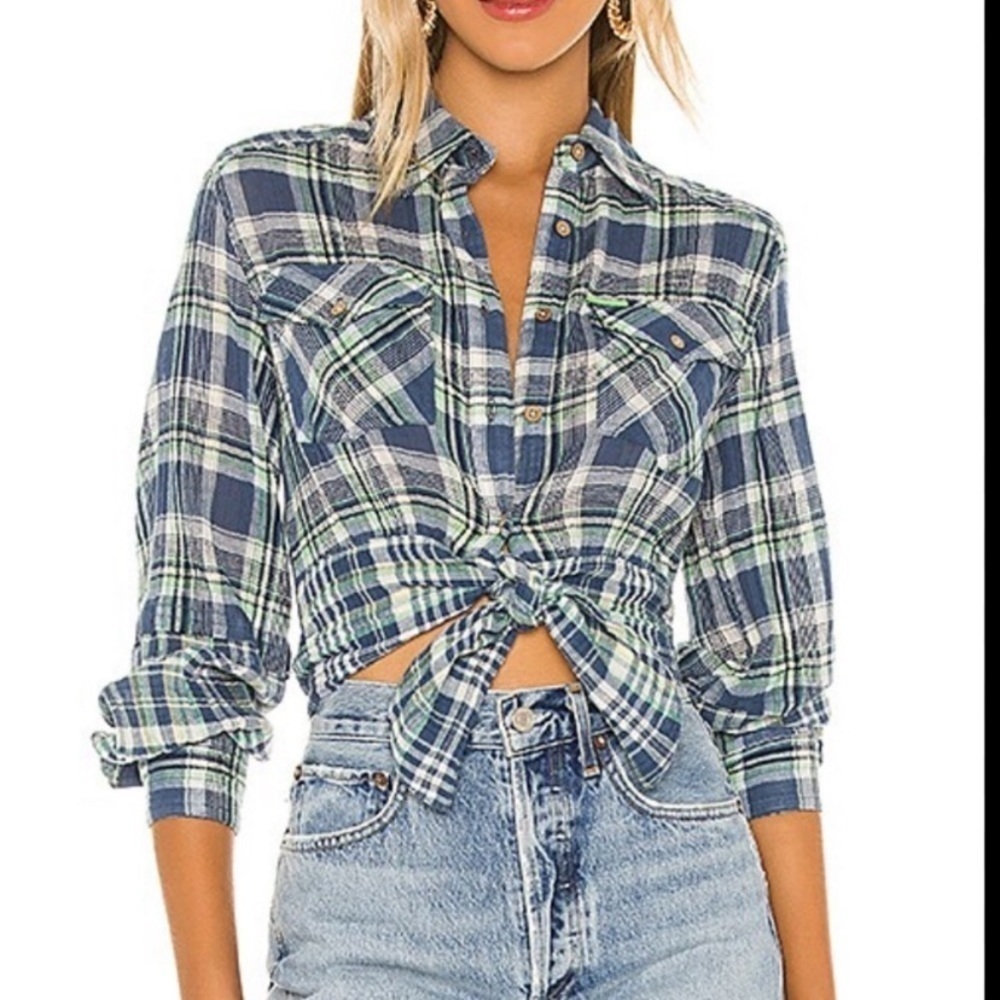 Free People We The Free First Bloom Plaid Tie Front Blue Long Sleeve Top sz S